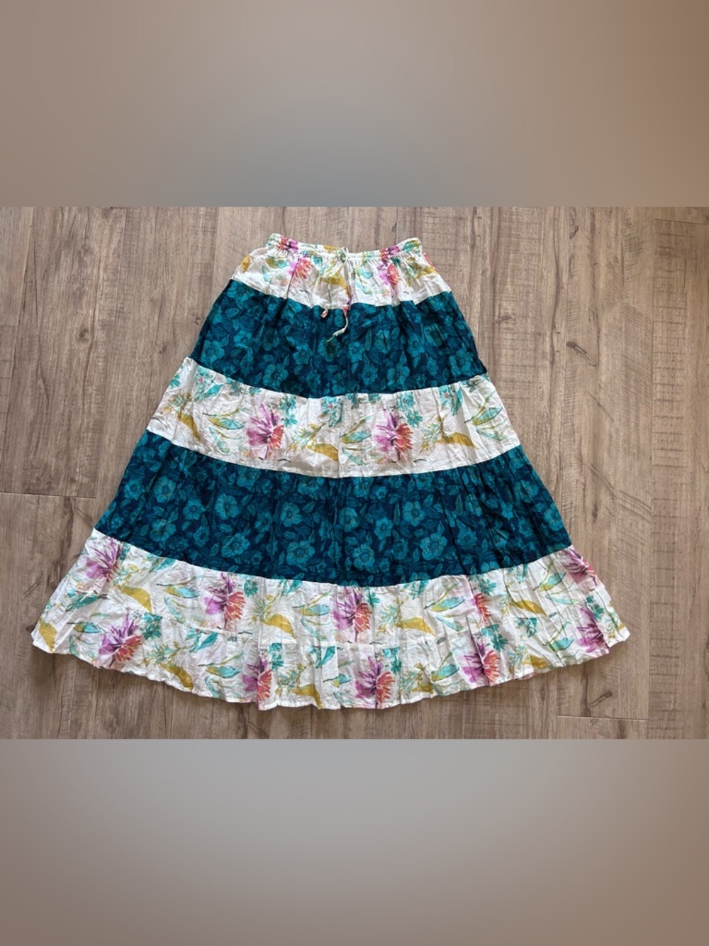 Bohemian Tiered Floral flower hippy Maxi Skirt - Teal & White summer flowy